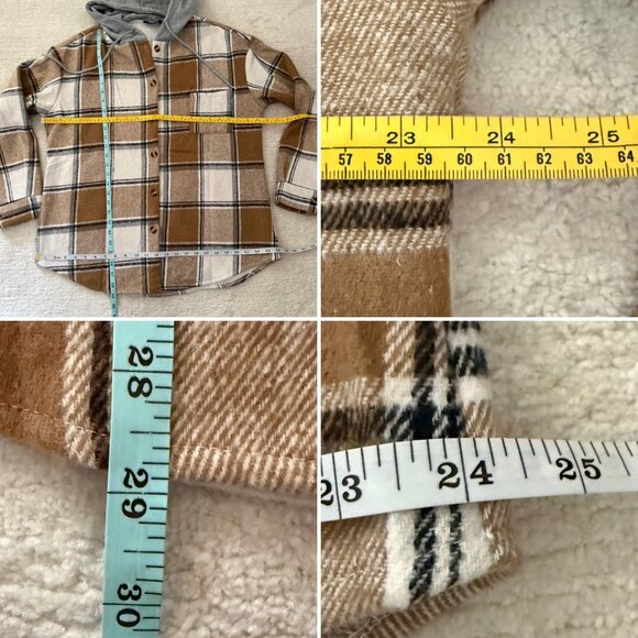 ChicMe Plaid Hooded Jacket Size L Camel Brown Fleece Lined Casual Boho Shacket - Picture 7 of 10
